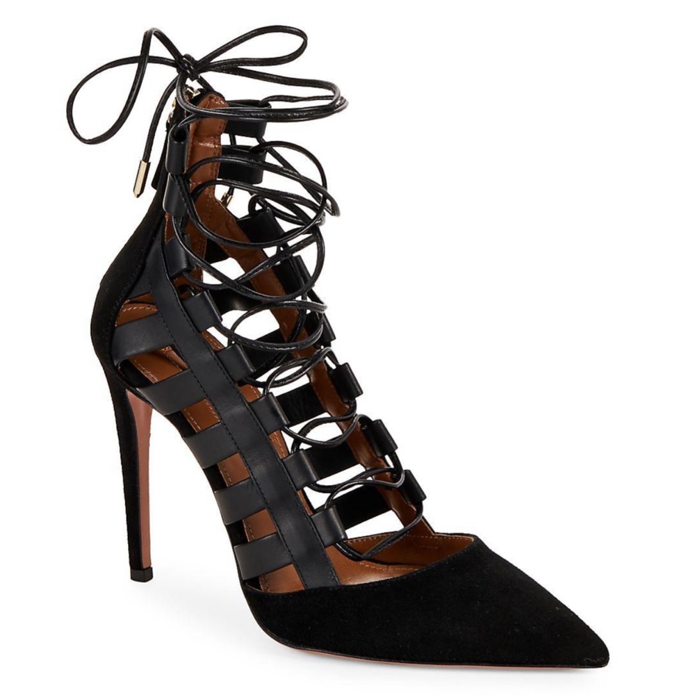 Aquazurra Amazon Black Suede Strappy Lace up Heels 37